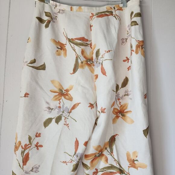 Annie Alexander Floral Wide Leg Hise Rise Linen Pants 14 Cream Orange Trousers - Picture 8 of 9